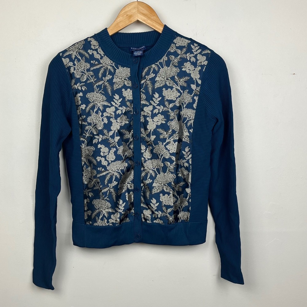 Doncaster Floral Jacquard Ribbed Cardigan XS Teal Heritage Prep Baroque